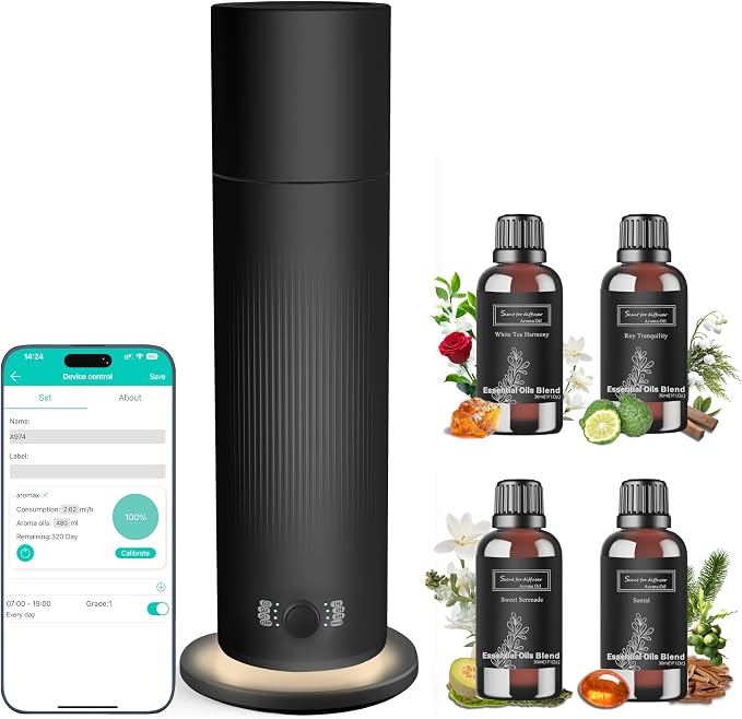 Waterless Essential Oil Diffuser, Scent Air Machine for Home with 4x30ml Hotel Scent Oil Sets, Covers Up to 1000 Sq.Ft, Adjustable Mist & Timer, Hotel and Commercial Use