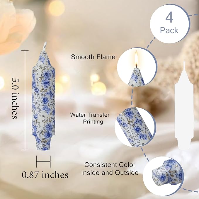 5 inch Short Blue Candle Floral Candle Sticks Printed Candlestick Handmade Unscented Taper Candle 4 Pack Flower Tapered Candles for Blue Home Dinner Wedding Holiday