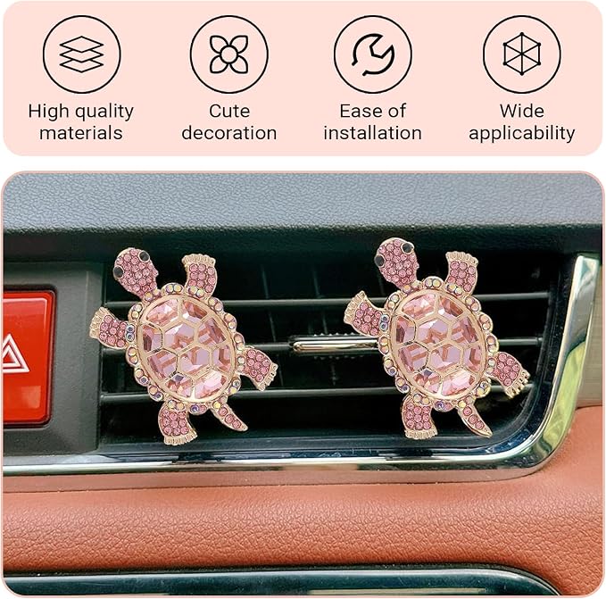 2 PCS Sea Turtles Car Vent Clips, Cute Tortoise Car Air Conditioning Outlet Clip, Bling Rhinestone Ocean Theme Vent Diffuser, Universal Auto Interior Decor for Women Girl (Pink)