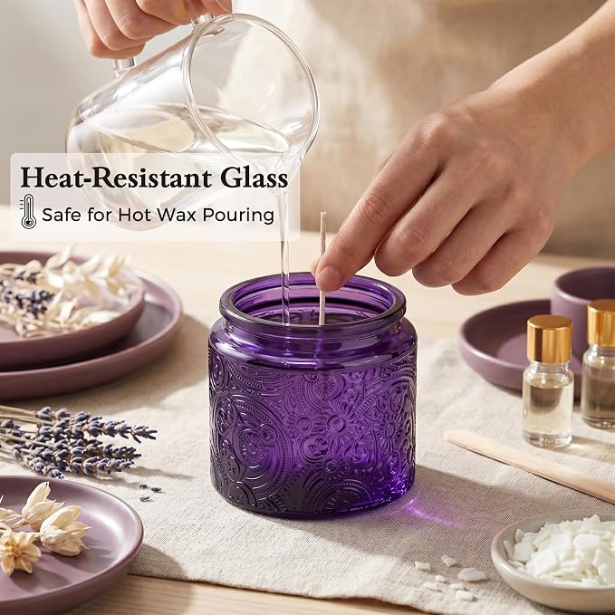 10 oz Purple Sun Moon Stars Candle Jars with Metal Lids, 9 Pack | Patented Embossed Design, Includes Wick Centering Devices & Warning Labels, Multiple Color Options
