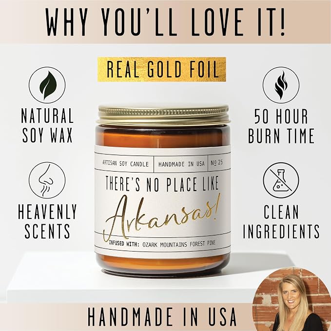 Arkansas Gifts, Arkansas Decor for Home - 'There's No Place Like Arkansas Candle, w/Ozark Moutain Pine & Cedar I Arkansas Souvenirs I Arkansas State Gifts I 9oz Jar, 50Hr Burn, USA Made