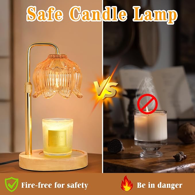 Candle Warmer Lamp with Timer Dimmer, Adjustable Height Candle Wax Warmer, Christmas Birthday Gift for Mom Women,House Warming Gifts for New Home Bedroom Decor,(Lotus Flower-Amber)