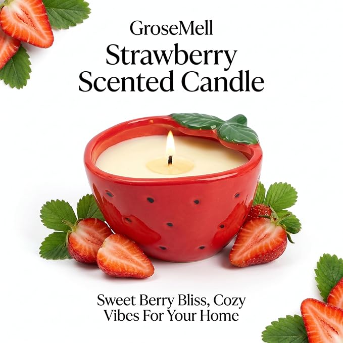 Strawberry Scented Candle – 4.23 oz (120g) Natural Soy Wax, 30-Hour Clean Burn, Strawberry-Shaped Ceramic Jar, Home Fragrance & Thoughtful Gift for Home (Red)