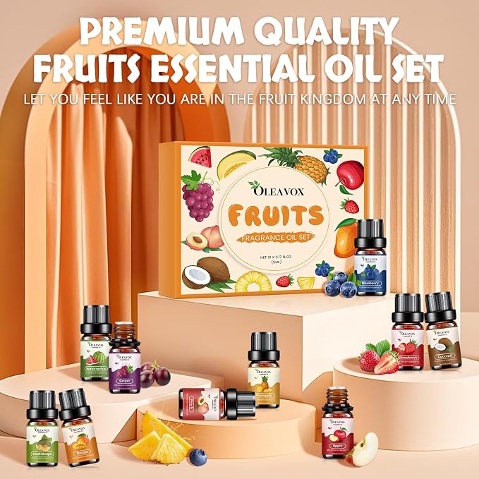 Fruity Essential Oils Gift Set, Premium Fragrance Oil for Candle & Soap Making, Coconut, Strawberry, Pineapple, Mango, Peach, Apple,10x5ml Fruit Aromatherapy Diffuser Oils for Home