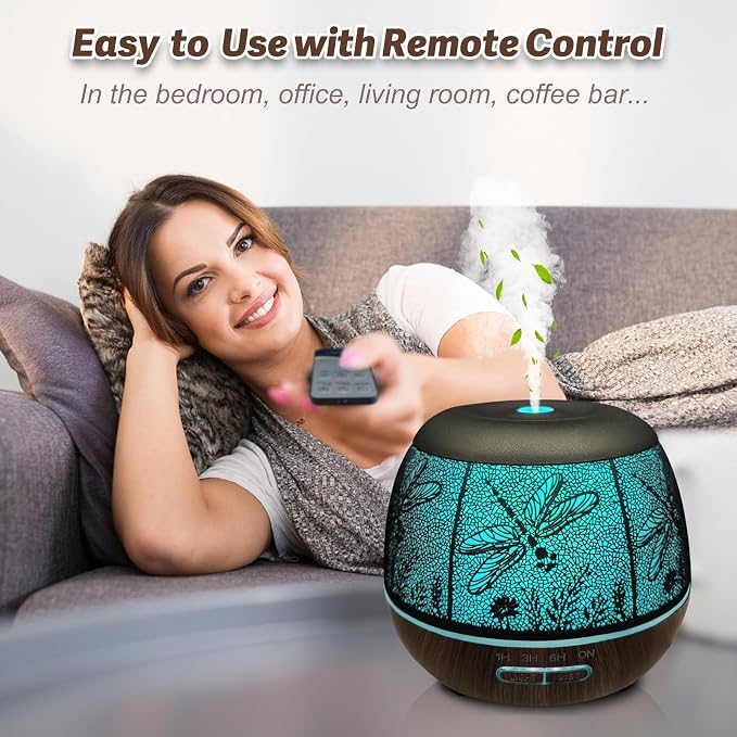 Roonbo Diffusers for Essential Oils Large Room 400ml,Essential Oil Diffuser for Home with R/C,Cool Mist Humidifiers for Bedroom,7 Colors Changed & 3 Mist Mode Waterless Auto Off for Decor Dragonfly