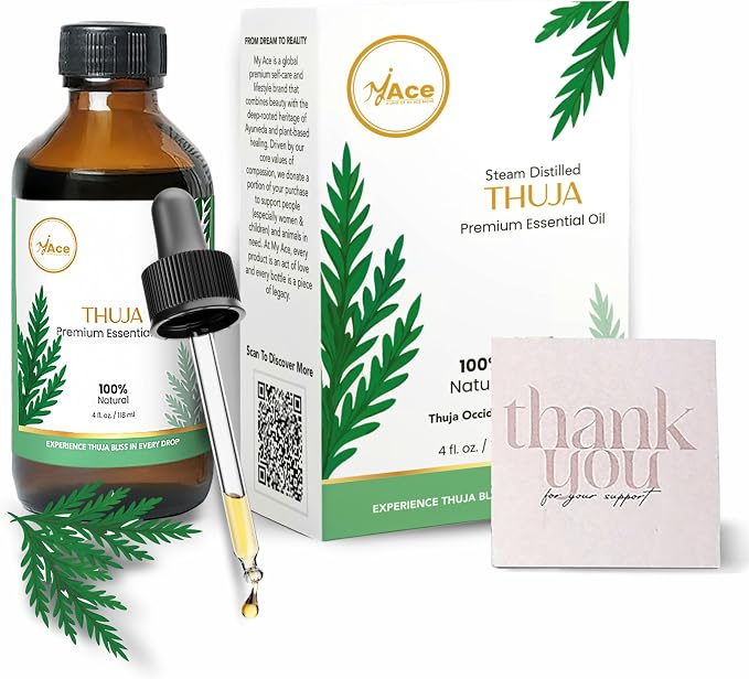 My ACE Thuja Essential Oil 4 Fl Oz - 100% Pure & Natural - Premium Grade for Aromatherapy, Diffuser, Skin, Hair, Massage, Candle & Soap Making, Home - Glass Bottle with Dropper - Long Lasting Scent