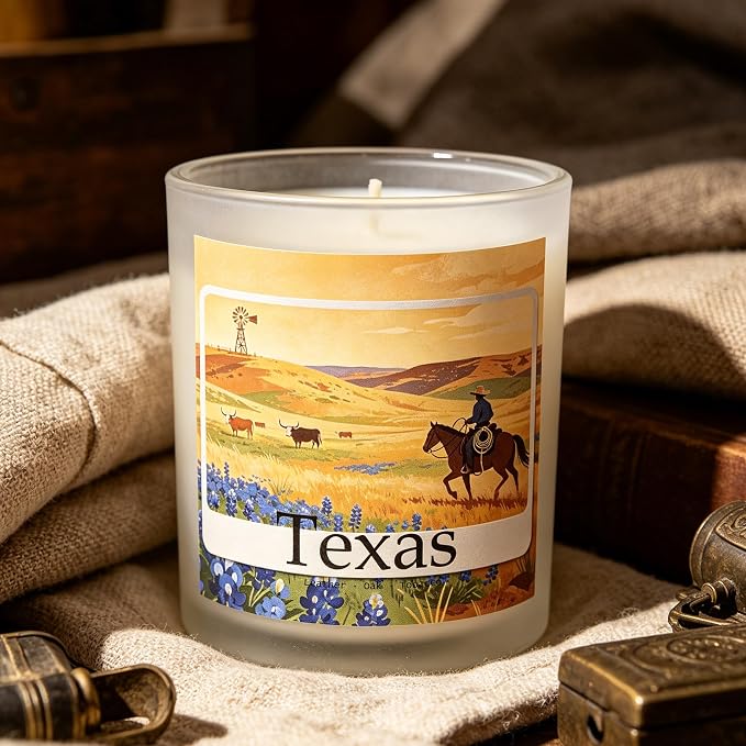 Texas Trail Scented Candle, Leather & Oak & Tobacco, Texas Gifts, Texas Themed Gifts, Texas Gift for Women, Texas Souvenirs, Rustic Decor, 100% Soy Wax, 7OZ