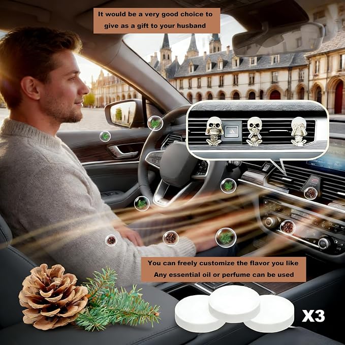 3Pcs Gothic Skull Car Vent Clip Freshener with Felt Scent Pads | Resin skull vent diffuser controls odors, fits car bathroom, Halloween gothic decor gift for teens adults