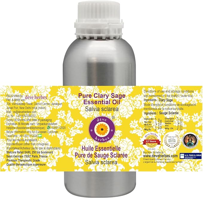 Deve Herbes Pure Clary Sage Essential Oil (Salvia sclarea) Steam Distilled 1250ml (42 oz)