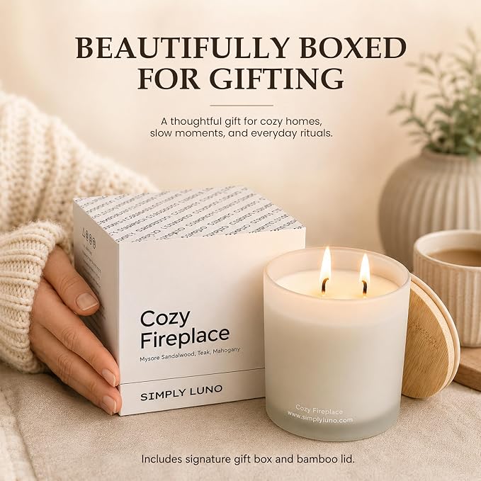 Cozy Fireplace | Tobacco & Wood Scented Candle | 14oz Soy Wax Large Candle | 50+ Hour Long Lasting Candle | Fall and Winter Home Scent| Luxury Jar Candle | Luxury Gift Box for Men