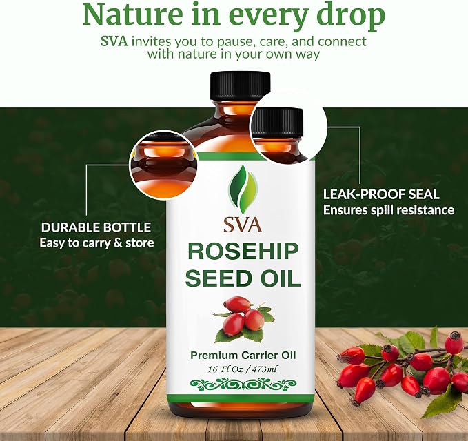 SVA Rosehip Seed Oil - 16 Fl Oz – 100% Natural & Cold Pressed - for Face, Skin Care, Hair Care, Scalp Massage & Body Massage – Carrier Oil with Dropper