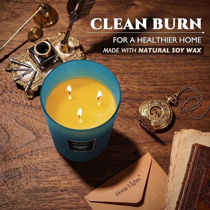 HomeLights Scented Candle | Large Jar Candle - 33.3 Oz. Natural Soy Aromatherapy Candles | Up to 130 Hours Burn Time with 3 Cotton Wicks,Home Decorative Fragrance Candles Gift - Atlantic Coast