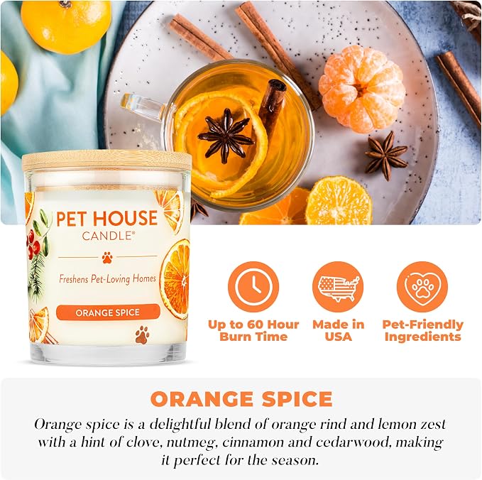 One Fur All Pet House Fall Candles, Long Lasting, Clean Burning, Soy Wax Scented Candles for Pet Odor, Orange Spice, 2 Pack