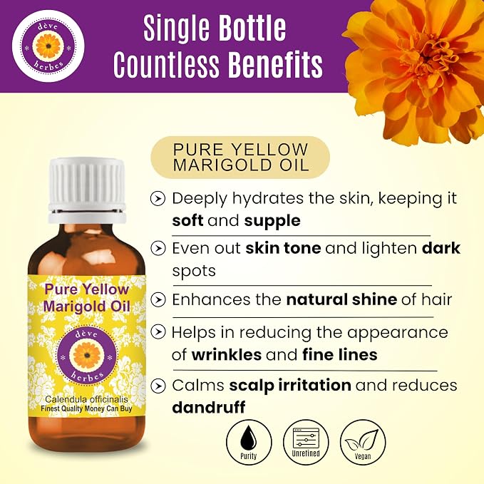Deve Herbes Yellow Marigold Oil (Calendula officinalis) | Infused | Pure | Non-Sticky | Lightweight | For Facial Care | Men & Women | 15ml X 2 (1 oz)