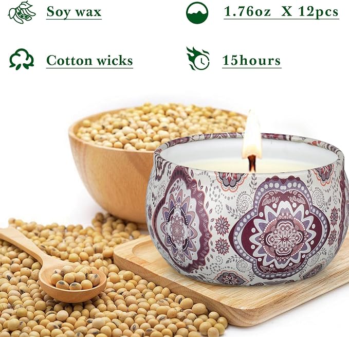 Scented Candles Gift Set, 12 Pack Summer Soy Wax Travel Tin Candles, Refreshing Summer Aromatherapy Scents for Home Spa Relaxation, Gifts for Women