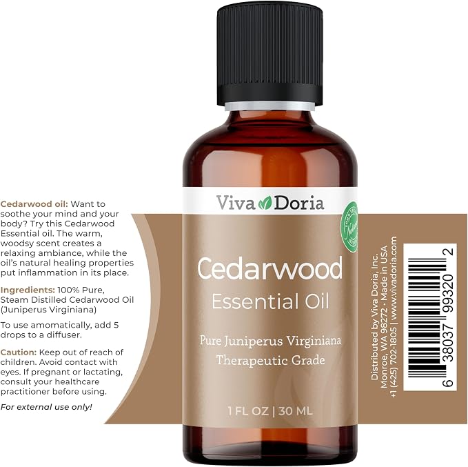 Viva Doria Cedarwood Essential Oil, 100% Pure, Natural Cedarwood Essential Oil, Undiluted, for Aromatherapy | Therapeutic Grade, 30 mL (1 Fluid Ounce)