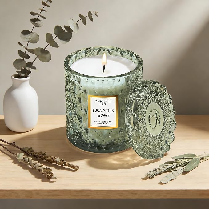 Eucalyptus & Sage Scented Candles Luxury Candle with up to 55 Hour Long Lasting, Highly Scented, 100% Soy Wax, 8.1oz, Beautiful Candles, Ideal for Home Decor and Gifts