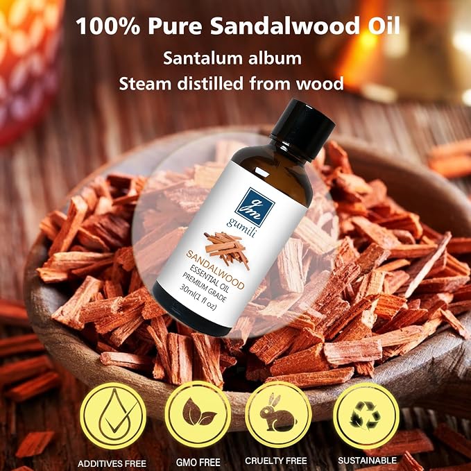 GM Gumili Sandalwood Essential Oil, Home Fragrance Oil Scent Oils for Perfume, Diffuser, Skin, Hair, Roll On - 1 Oz