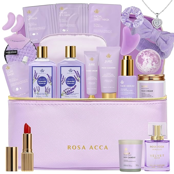 25 Pcs Mother's Day Gift, Lavender Bath & Body Gift Basket Set for Women, Hydrating Skin Care Set, Self Care Home Spa Gifts, Cosmetic Bag, Necklace, Christmas, Birthday, Anniversary, Wife