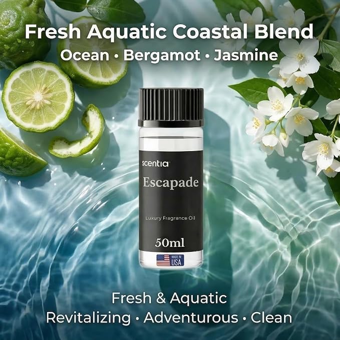 Scentia Escapade Hotel Scent Diffuser Oil – Luxury Fragrance Inspired by 5-Star Resort – 50 mL – Jasmine, Bergamot & Marine Essential Oil Blend for Home, Office & Aromatherapy Diffusers, Made in USA