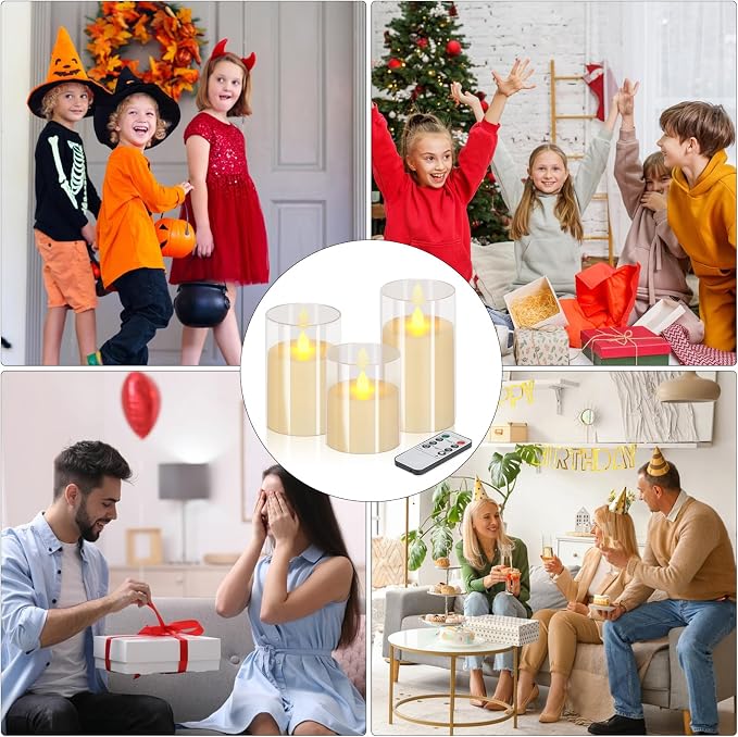 wemarry Flameless Candles 4" 5" 6" Acrylic Glass Pillars 3" Diameter Battery Operated Flickering Candles Include 8-Key Remote with Timer Function 400+ Hours (Pure White, Warm Light 9 Pack)
