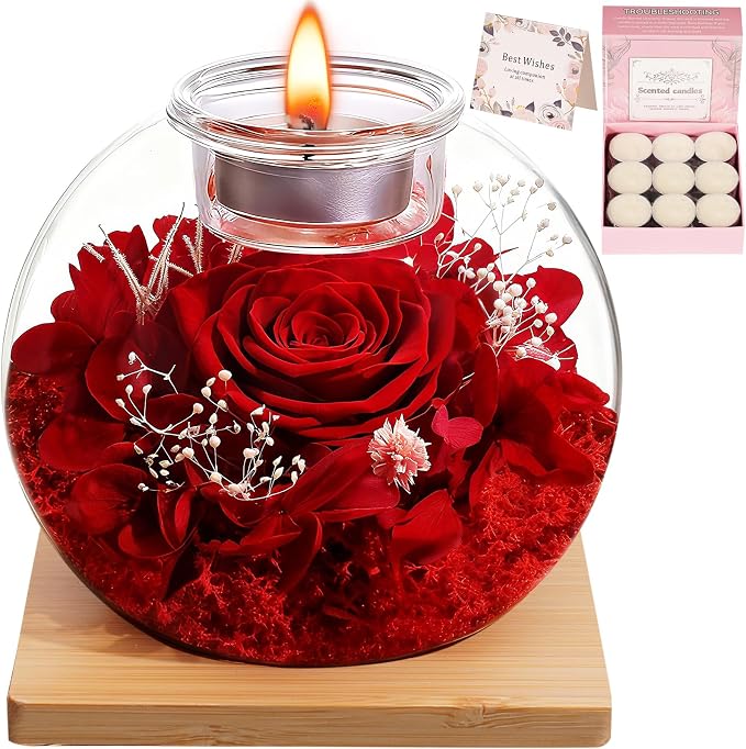 Birthday Gifts for Women,Eternal Preserved Real Rose with Scented Candle(Vinilla9Pcs+Rose9Pcs),Preserved Rose in Glass Dome, Christmas Valentine Mothers Day Gifts for Her Mom Girlfriend,Home Decor
