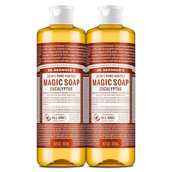 Dr. Bronner's Magic Soap - Pure-Castile Liquid Soap (Eucalyptus, 16 ounce, 2-Pack) -Regenerative Organic Certified Oils, 18-in-1 Uses: Body, Hair, Laundry, Pets & Dishes, Concentrated, Vegan, Non-GMO