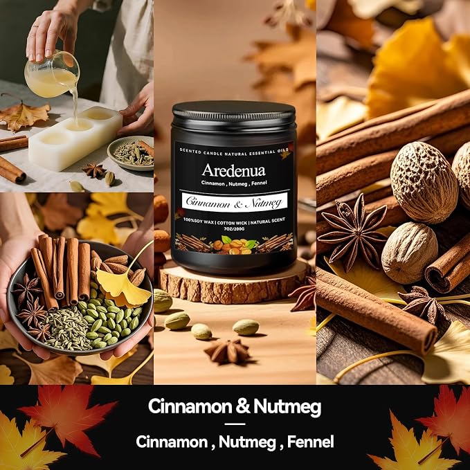 Cinnamon & Nutmeg Candles – Warm Holiday & Winter Spice Aroma, Cozy Holiday & Christmas Candles Gift, Hand-Poured Soy Candle for Christmas Home Décor & Cozy Seasonal Gifting