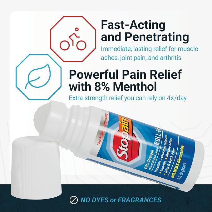 Stopain Pain Relief Roll On Gel 3oz, USA Made, Max Strength Fast Acting with MSM, Glucosamine, Menthol for Arthritis, Lower Back, Knee, Neck, HSA FSA Approved OTC Topical Analgesic Products