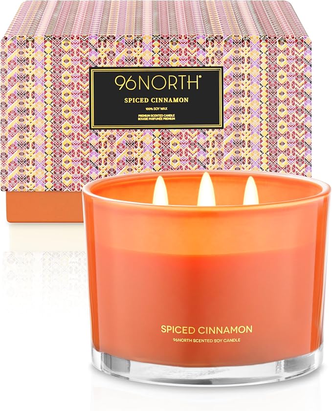 96NORTH Luxury Spiced Cinnamon Candle | Large 3 Wick Jar Candle | Up to 40 Hours Burning Time | 100% Natural Soy Wax | Relaxing Aromatherapy Aesthetic Candles | Housewarming Gift for Men and Women