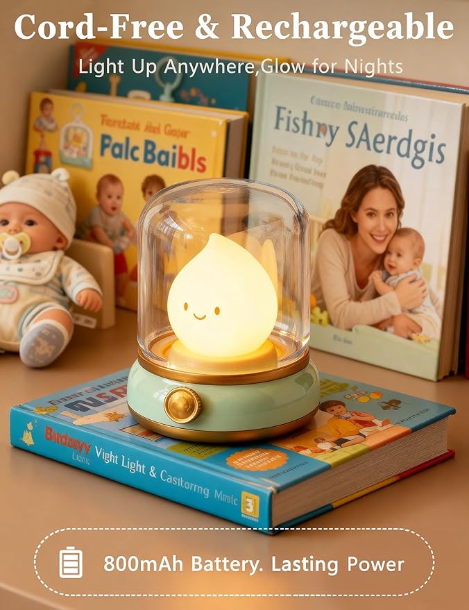 Smiley Night Light, Rechargeable Bedside Lamp with Timer & Dimmable Candle Flame, Portable LED Light for Baby Nursery, Bedroom, Camping - Cute Desk Decor & Gift