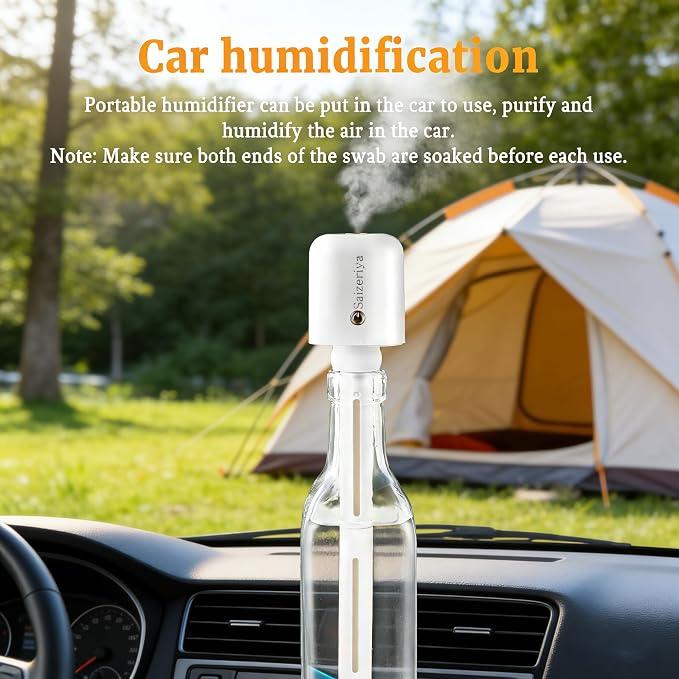 Mini Humidifier, Portable Travel Personal Mist Maker | White, USB Use, Quiet Air Diffuser, Adjustable Length, Small, For Car, Bedroom, Office