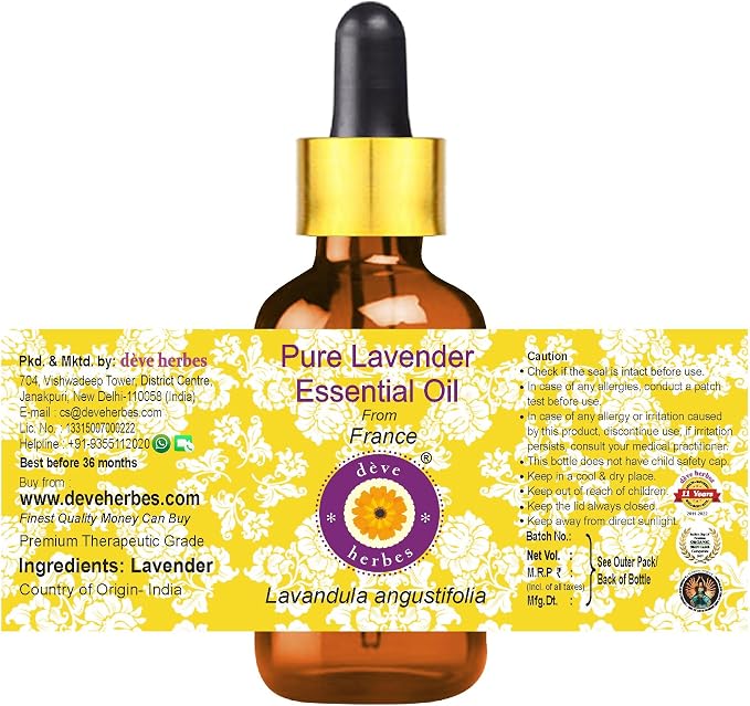 Deve Herbes Pure Lavender Essential Oil (Lavandula angustifolia) (Made in France) with Glass Dropper Steam Distilled (Pack of Three) 100ml X 3 (10 oz)