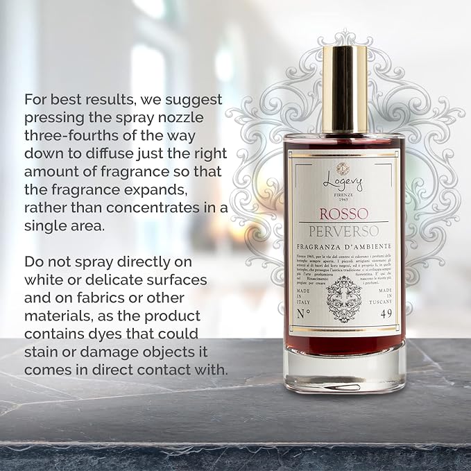 Logevy Firenze 1965 Rosso Perverso – Perverse Red Luxury Home Fragrance Spray from Master Perfumer in Italy with Floral & Fruity Notes to Captivate The Senses & Enliven Any Room – 100ml