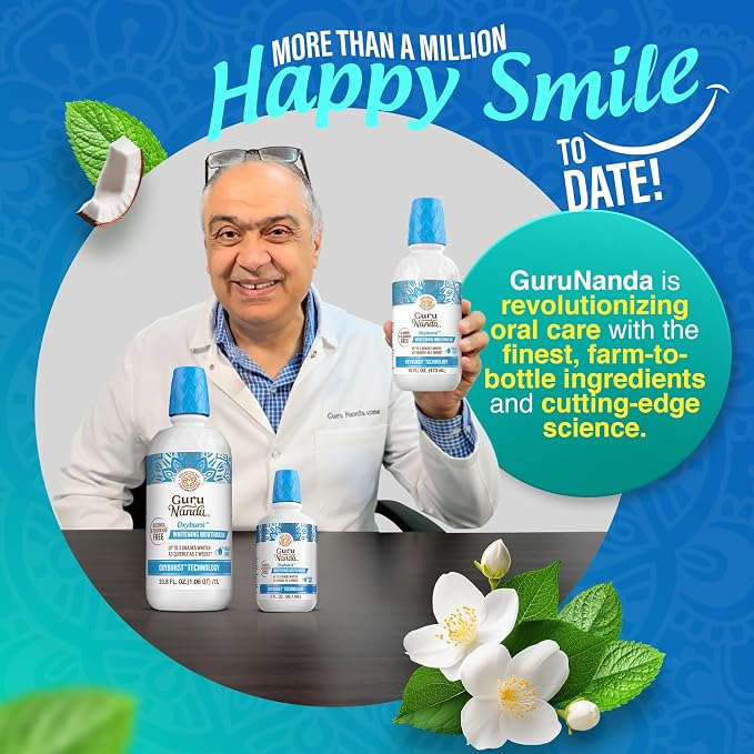 GuruNanda Whitening Mouthwash – Up to 3 Shades Whiter Teeth in 2 Weeks – Alcohol & Fluoride Free with Hydrogen Peroxide – Oxyburst Technology - Wild Mint, 33.8 oz/ 1 Liter (Pack of 2)