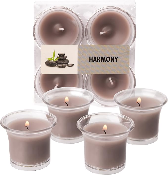 HYOOLA Clear Cup Scented Votive Candles - Harmony - 12 Hour Burn Time - 4 Pack - European Made