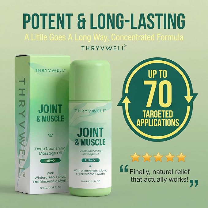 Joint & Muscle Roll-On Oil –70ml - 100% Natural Essential Oil Blend with Wintergreen, Peppermint, Frankincense, Myrrh, Clove & Lavender – Portable 2.37 oz Travel Size