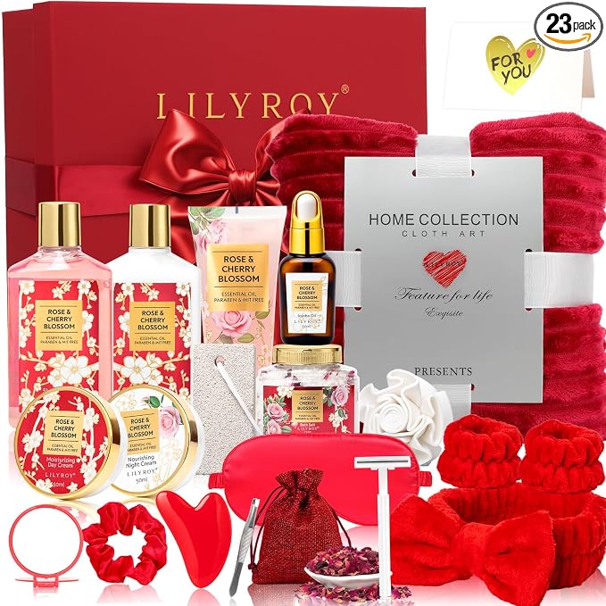 23Pcs Spa Skin Care Gifts Birthday Gift, Perfect Rose Red Gift Set for Women