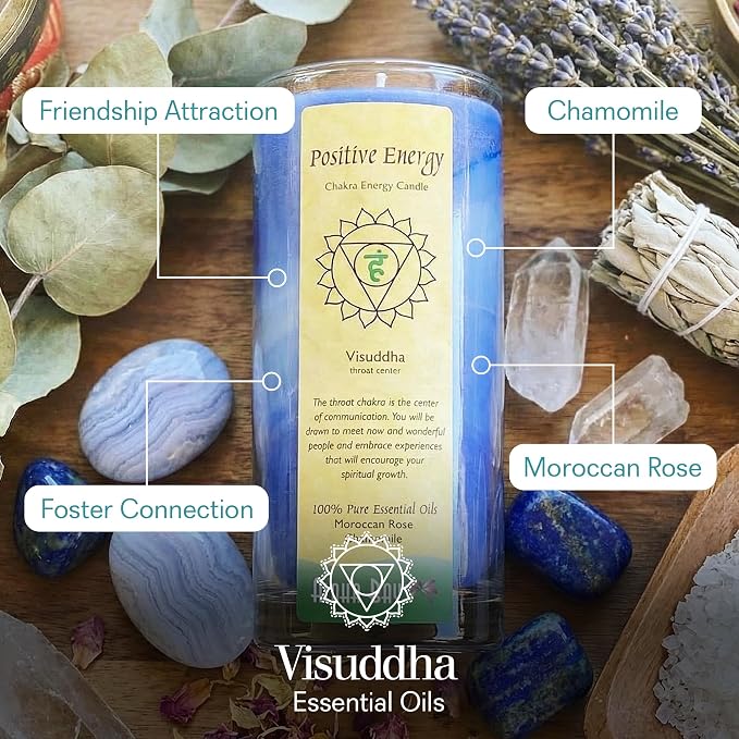 Premium Scented Candle Hand Made Chakra Energy Jar | 11 Oz Jar | Positive Energy, Visuddha| Yoga, Prayer & Meditation | Long Burn 60 Hours | Essential Oils of Moroccan Rose & Chamomile | Aloha Bay