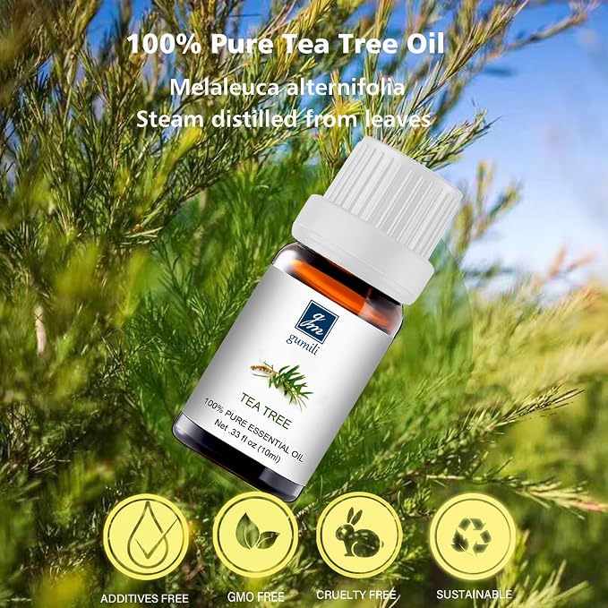 GM Gumili Tea Tree Essential Qil 10ml-100% Pure Tea Tree Oil for Skin, Hair, Face, Nails, Scalp & Foot Soak-Natural Aromatherapy & Toenail Care