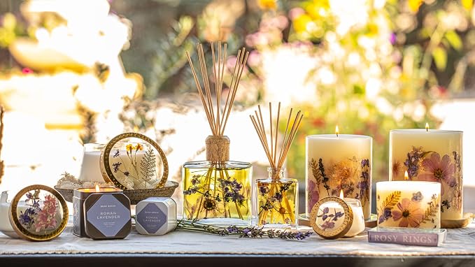 Rosy Rings Petite Round Botanical Candle - Aromatherapy, Long Lasting Candle, 60 Hour Burn Time, Floral Botanical Candles Home Decor Essential Oil Anniversary