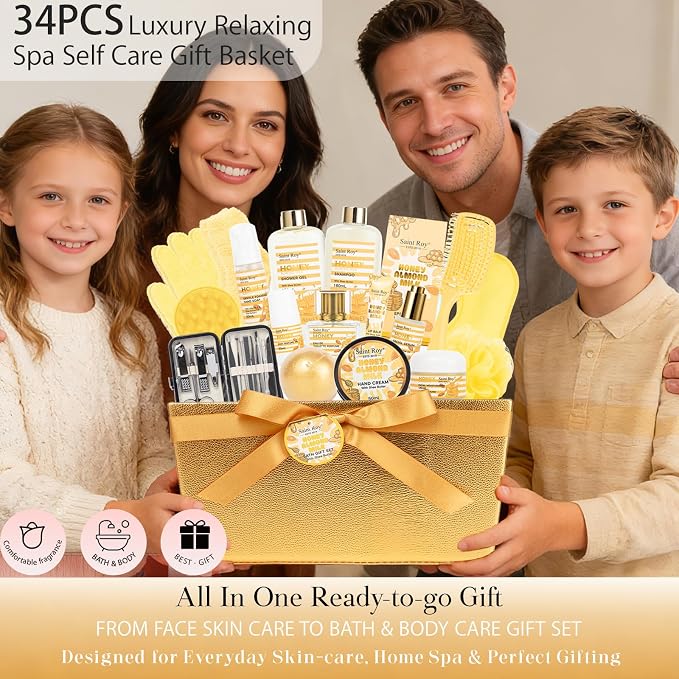 34 Pcs Skin care kit Spa Gift Set for Women & Men, Honey & Almond Milk Bath & Body Gift Basket, Face Skin Care Kit with Shower Gel, Self-Care Manicure, Birthday, Christmas, Mother Day, Anniversary