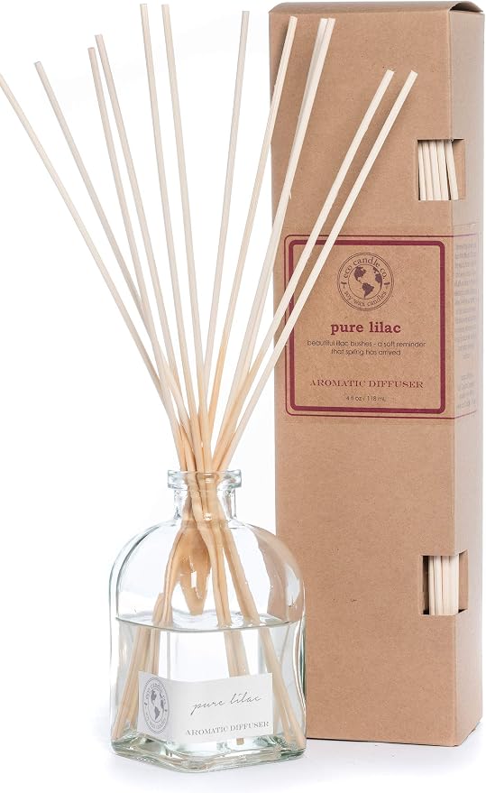 ECO CANDLE CO. Reed Diffuser Set, Pure Lilac, 4 oz. - Scents of Pure Lilac Bushes - Premium Phthalate Free Fragrance and Essential Oil Blends, Clear Glass, 12 Reed Sticks, Recycled Kraft Box