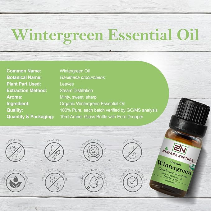 Wintergreen Essential Oil, USDA Certified Organic, 100% Pure Undiluted, Aromatherapy Oil for Diffuser, Hair & Skin Care