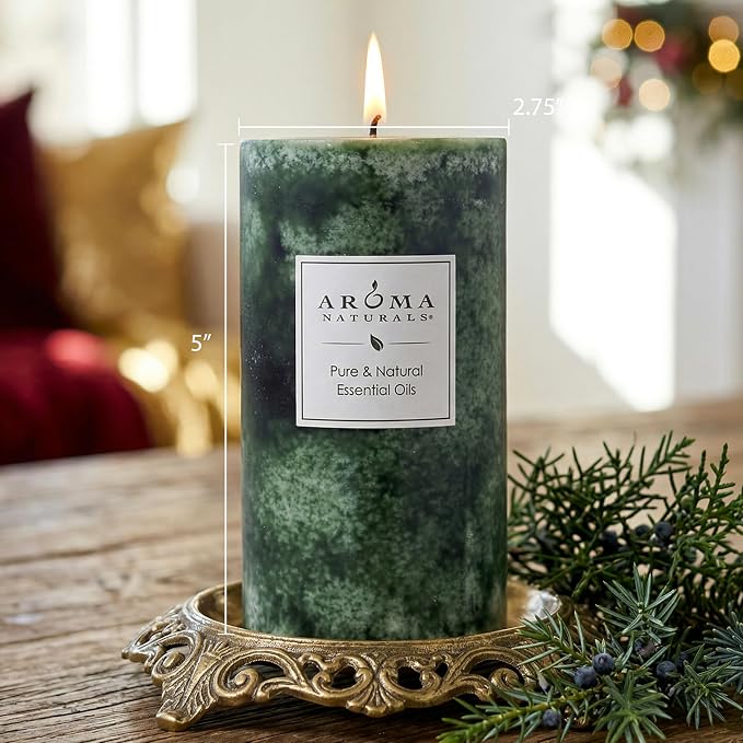 Aroma Naturals Holiday Juniper, Spruce and Basil Essential Oil Pillar Candle, Fresh Forest, 2.75 inch x 5 inch