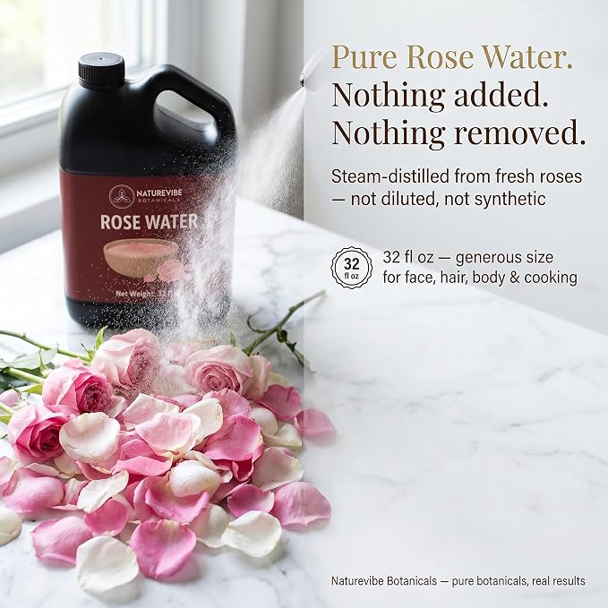 Naturevibe Botanicals Pure Rose Water Toner 32 oz Hydrating Facial Mist & Hair Spray | 100% Natural, Alcohol-Free Skin Care & Makeup Setting Spray