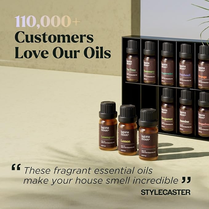 Lagunamoon Top 6 Blends Essential Oil Set (10ml) and 16 Pcs Premium Grade Home Essentials Oils (10ml) - for Diffusers, Home Care, Candle Making Scents, Fragrance, Aromatherapy, Humidifiers, Gifts