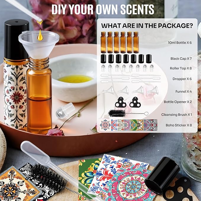 Roller Bottles for Essential Oils Roll On Bottles 6 Pack, 10ml Amber Rollerball Bottle Thick Glass Empty with Oil Perfume Lip Gloss DIY Kits Boho Stickers Leak-Proof Refillable for Travel, Gift