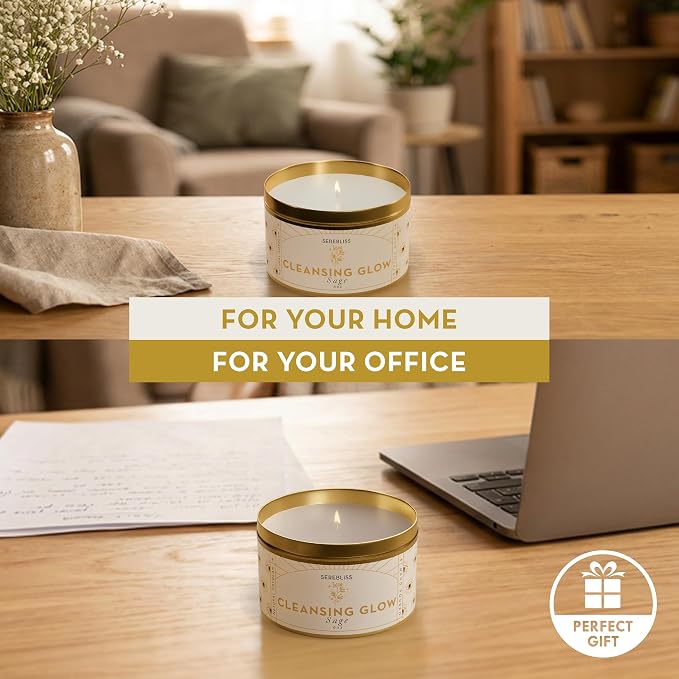 Sage Smudge Candle for Cleansing — 6oz Gold Tin Soy Candle, White Sage Scented, Smokeless Smudge Alternative for Manifestation, Protection, Meditation, Positive Energy & Spiritual Gifts