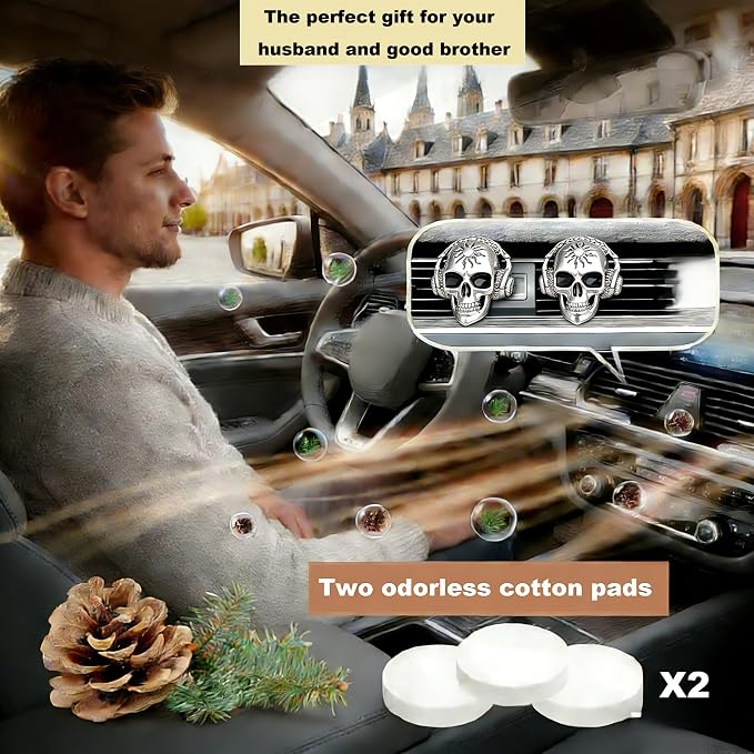 Gothic Skull Car Air Freshener Vent Clips with 2 Pads, Halloween Scented Car Accessories for Men Women, Automotive Interior Decor and Cool Car Fresheners for Men， Spooky Gift Idea-A8